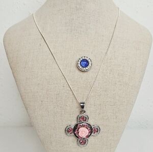 Elegant Pink Rhinestone Pendant Snap Button Necklace with Rhinestone Snaps